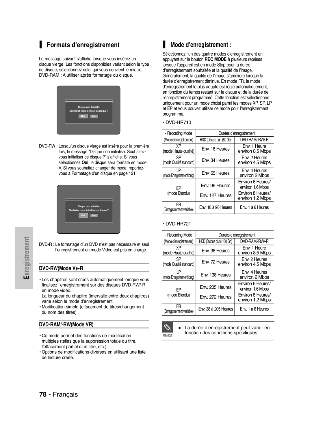 Samsung DVD-HR721/XEF manual Formats d’enregistrement, Mode d’enregistrement, DVD-RWMode V/-R, DVD-RAM/-RWMode VR 