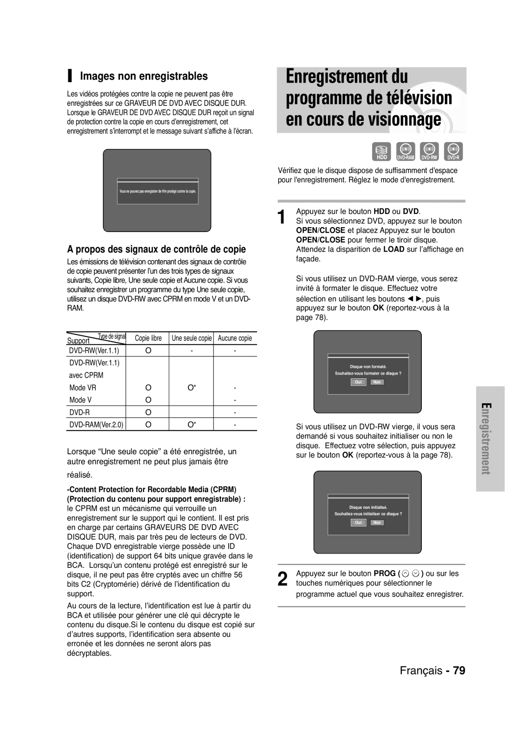 Samsung DVD-HR721/XEF manual Images non enregistrables, Propos des signaux de contrôle de copie, Réalisé, Dvd-R 