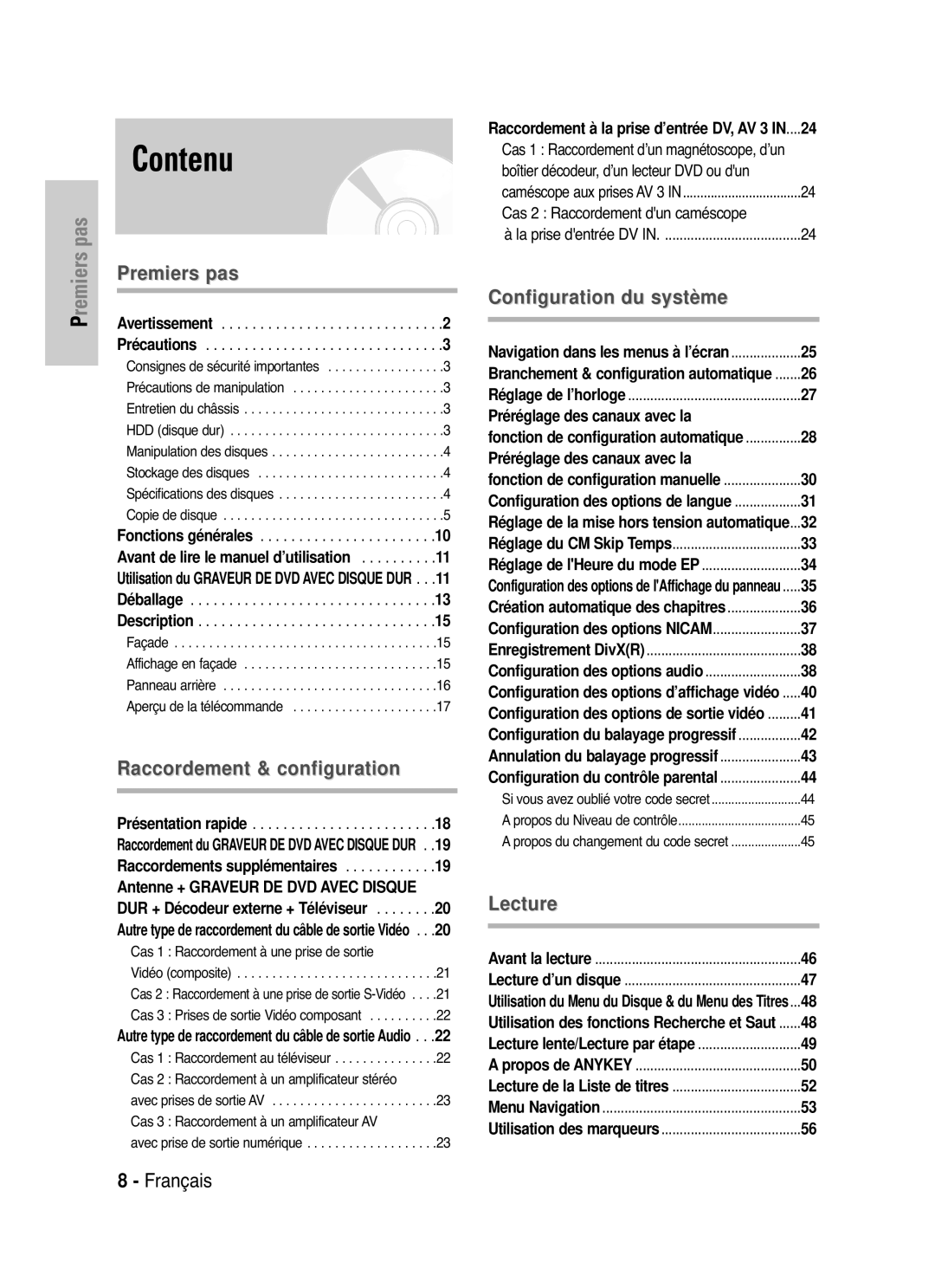 Samsung DVD-HR721/XEF manual Contenu, Cas 2 Raccordement dun caméscope, Préréglage des canaux avec la 