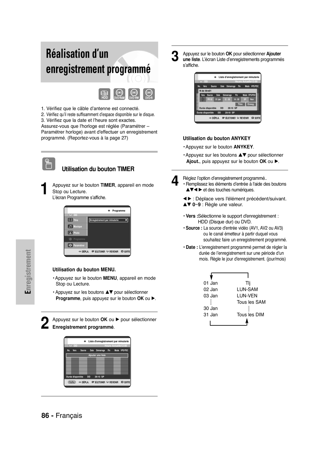 Samsung DVD-HR721/XEF manual Utilisation du bouton Timer, Lun-Sam, Lun-Ven 