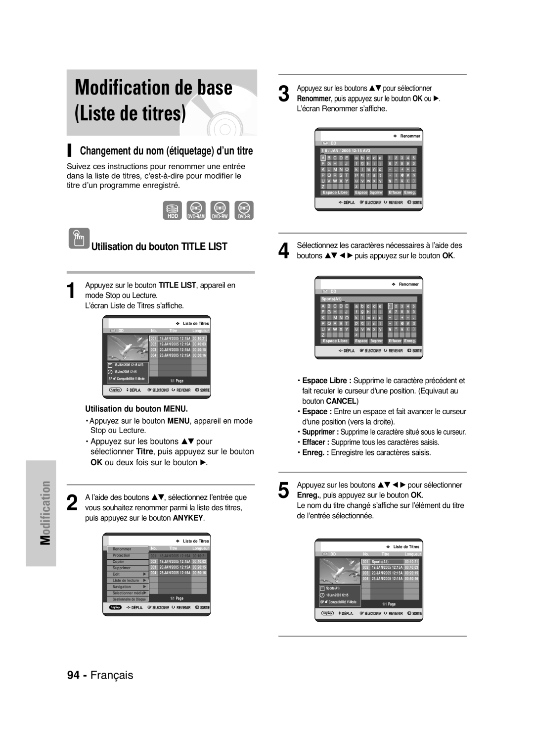 Samsung DVD-HR721/XEF manual Changement du nom étiquetage d’un titre 