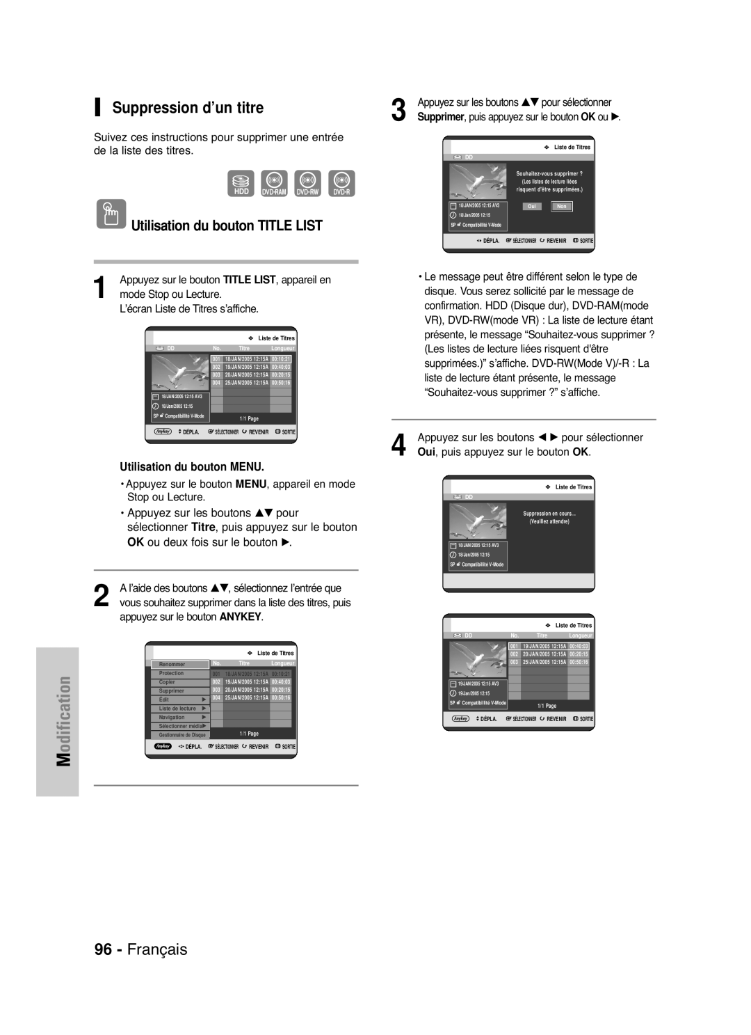 Samsung DVD-HR721/XEF manual Suppression d’un titre, Mode Stop ou Lecture ’écran Liste de Titres s’affiche 