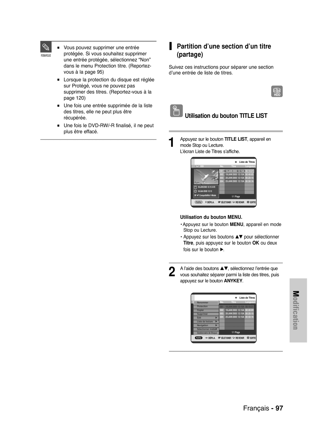 Samsung DVD-HR721/XEF manual Partition d’une section d’un titre partage, Vous pouvez supprimer une entrée, Vous à la 