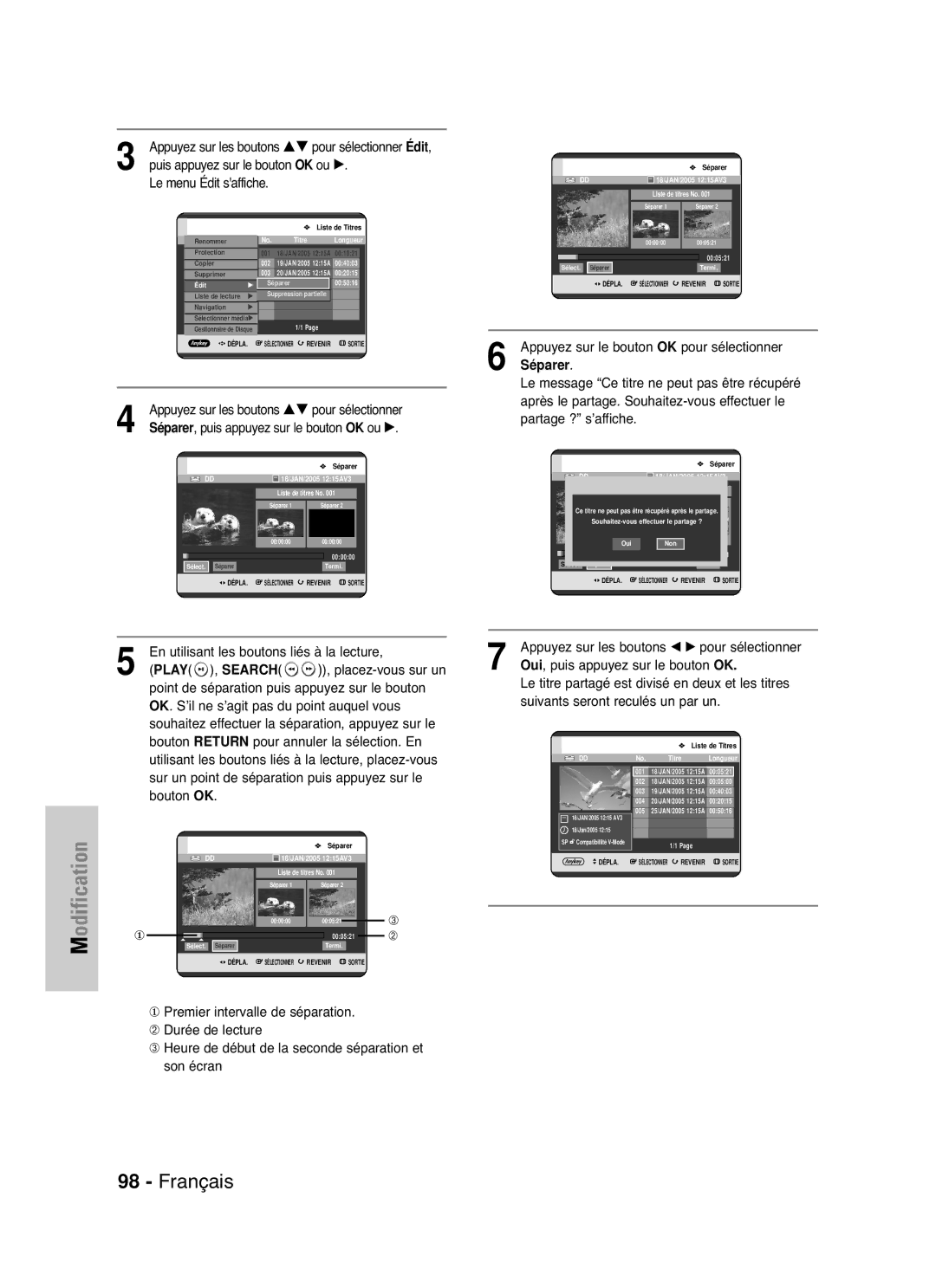 Samsung DVD-HR721/XEF manual Séparer , puis appuyez sur le bouton OK ou √ 