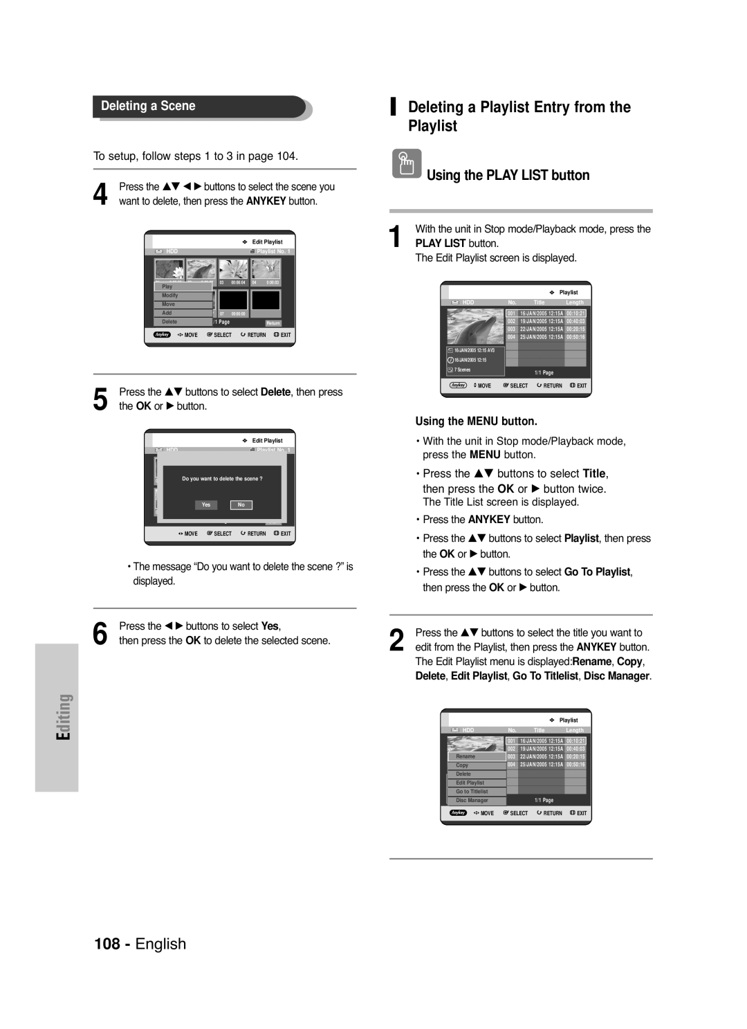 Samsung DVD-HR721/XEG, DVD-HR721/EUR manual Deleting a Playlist Entry from, Press the …† œ √ buttons to select the scene you 