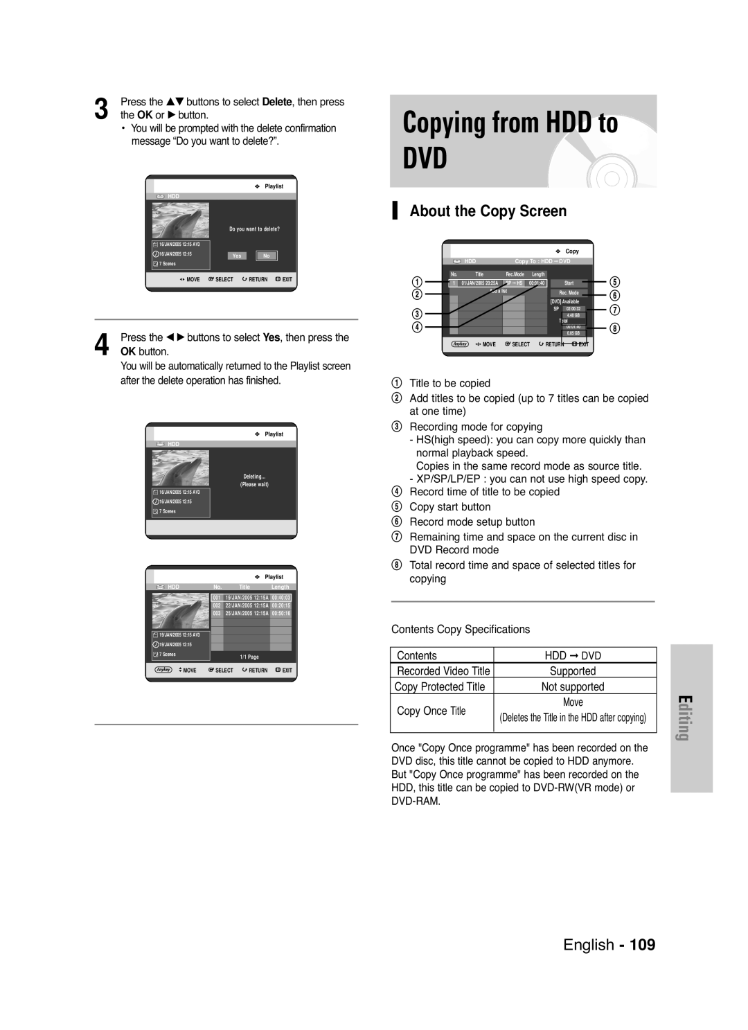 Samsung DVD-HR721/EUR, DVD-HR721/XEG manual Copying from HDD to, About the Copy Screen, Message Do you want to delete? 