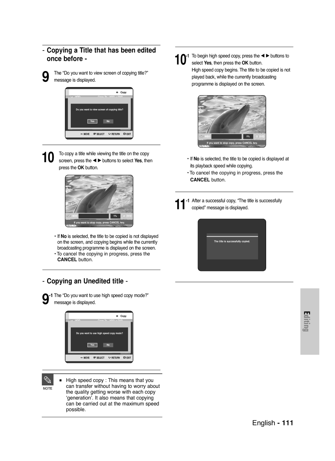 Samsung DVD-HR721/EUR, DVD-HR721/XEG manual High speed copy This means that you, To cancel the copying in progress, press 