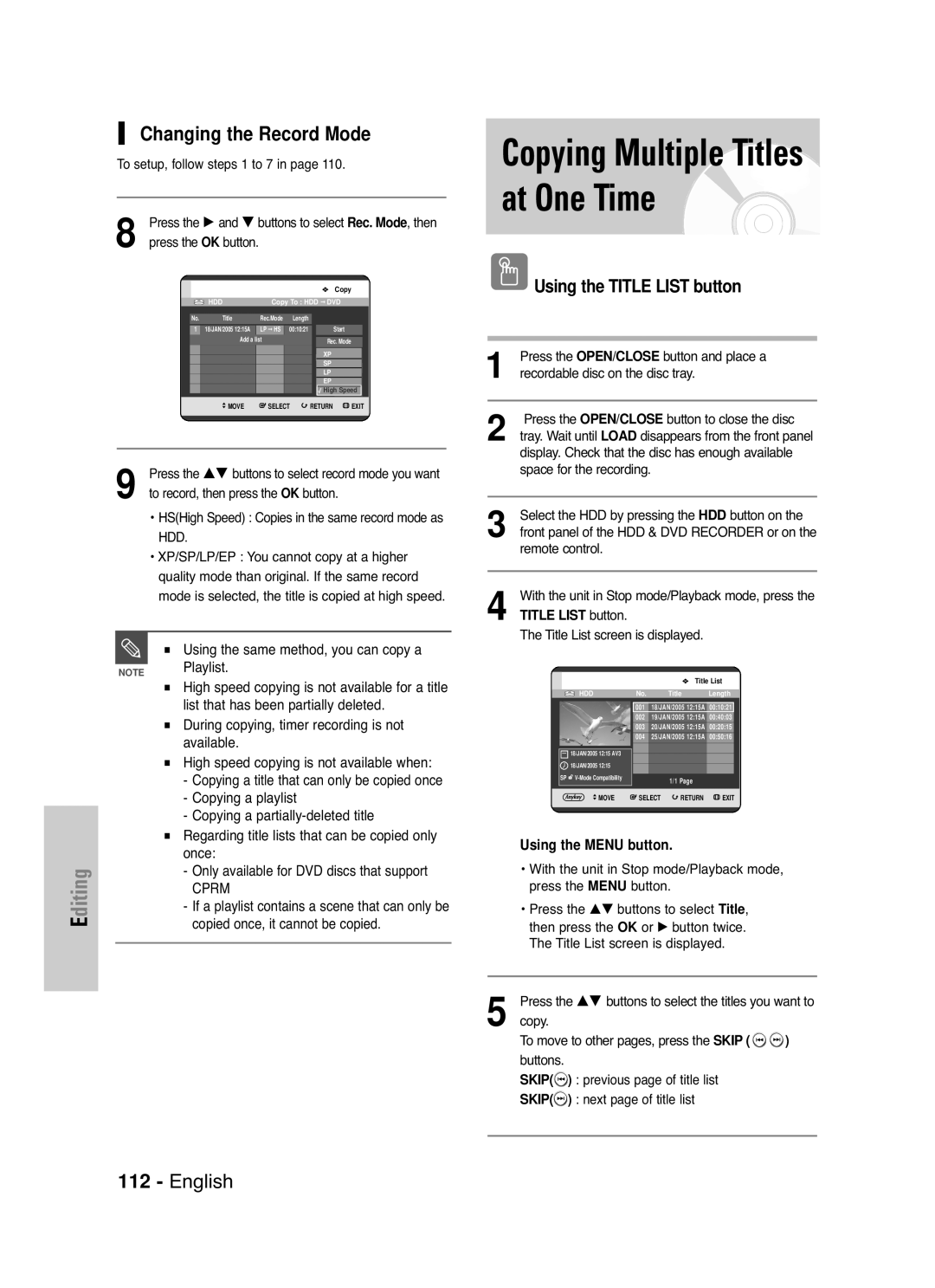 Samsung DVD-HR721/XEG, DVD-HR721/EUR manual Copying Multiple Titles at One Time, Changing the Record Mode 