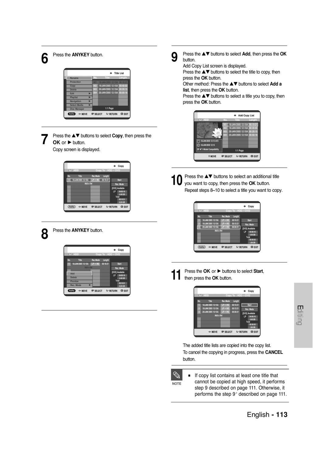 Samsung DVD-HR721/EUR, DVD-HR721/XEG manual If copy list contains at least one title that 