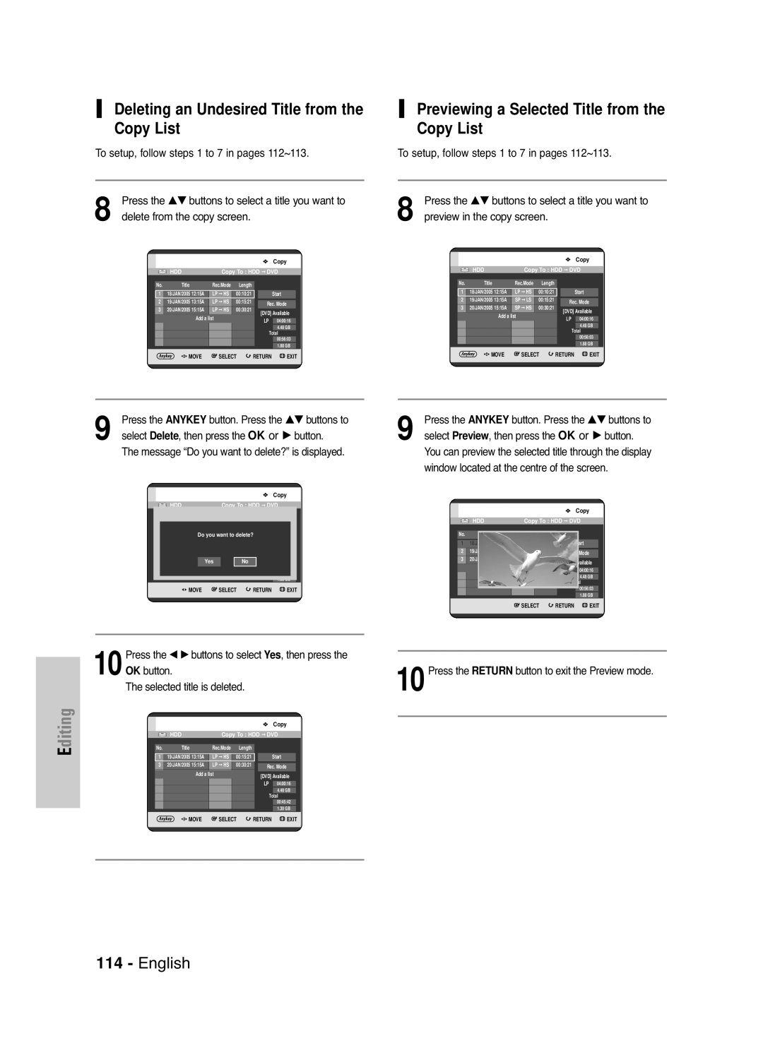 Samsung DVD-HR721/XEG manual Deleting an Undesired Title from Copy List, Previewing a Selected Title from Copy List 