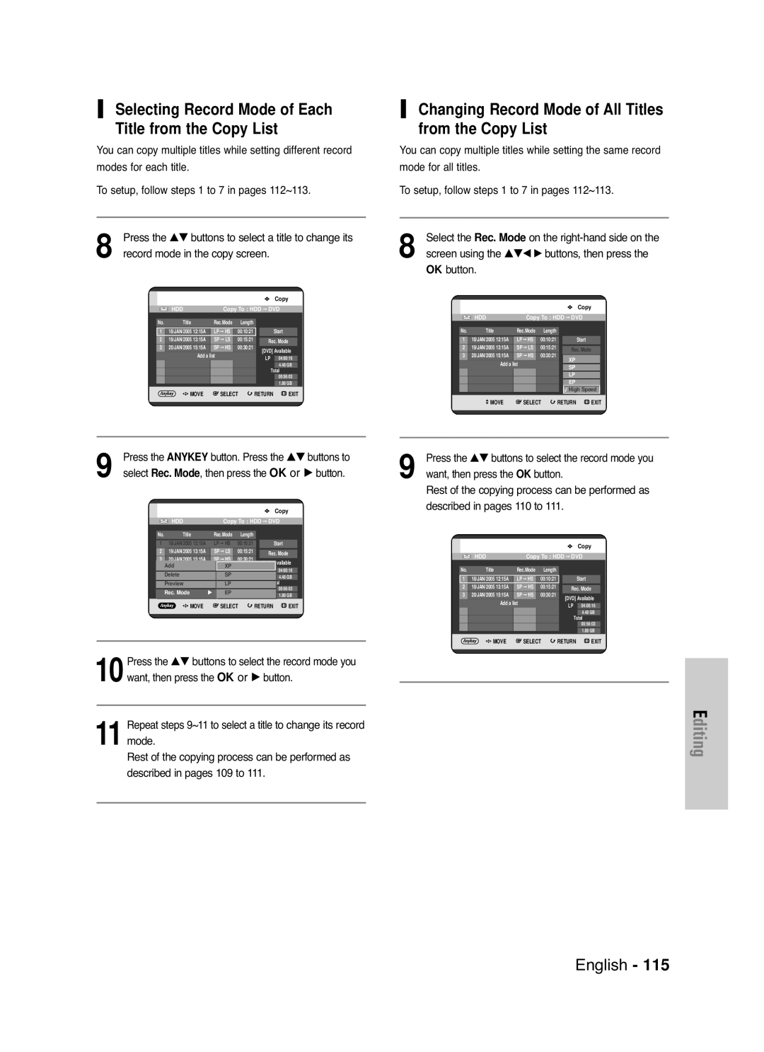 Samsung DVD-HR721/EUR manual Selecting Record Mode of Each Title from the Copy List, Button. Press the …† buttons to 