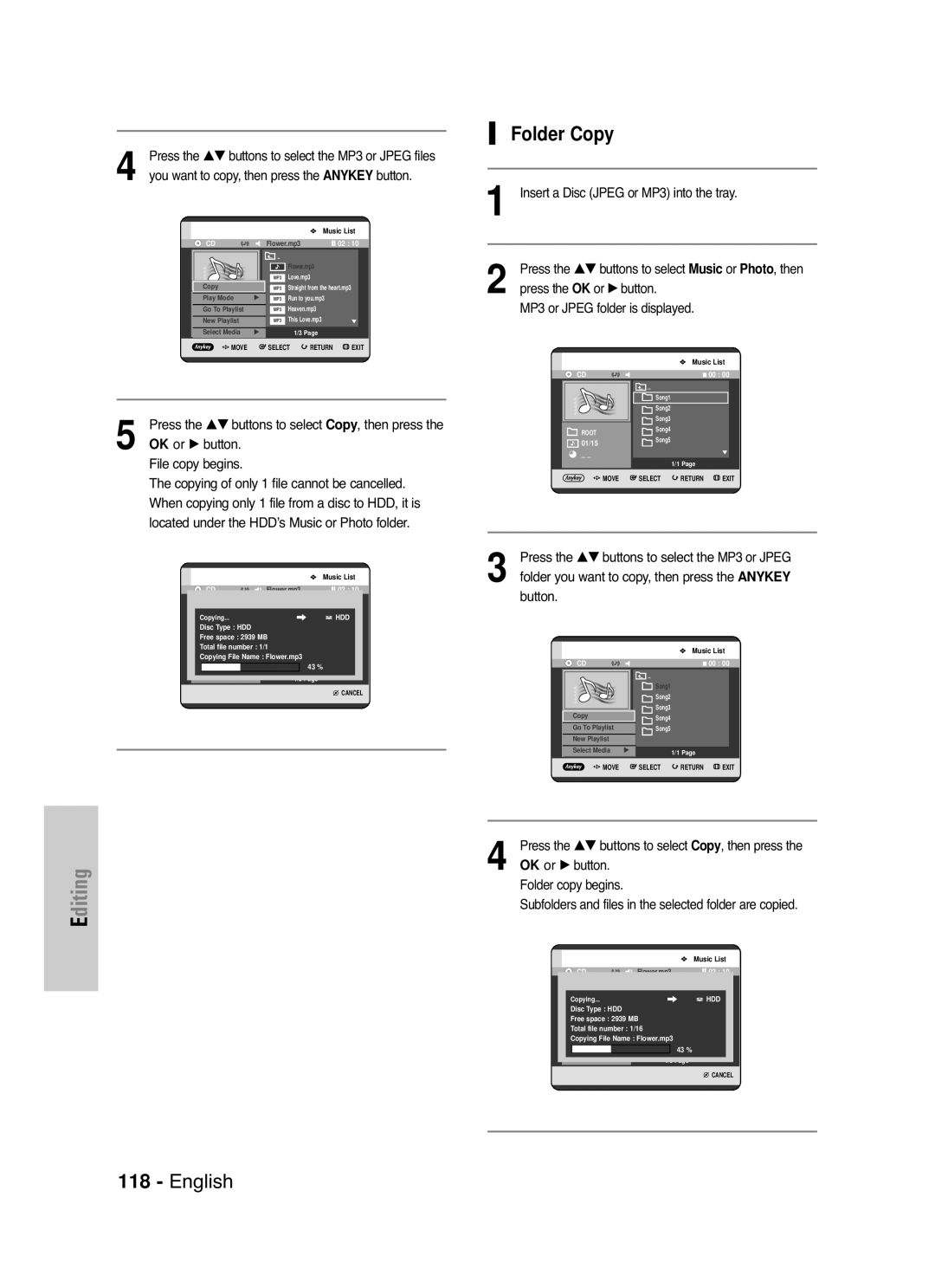 Samsung DVD-HR721/XEG, DVD-HR721/EUR manual Folder Copy, OK or √ button Folder copy begins 