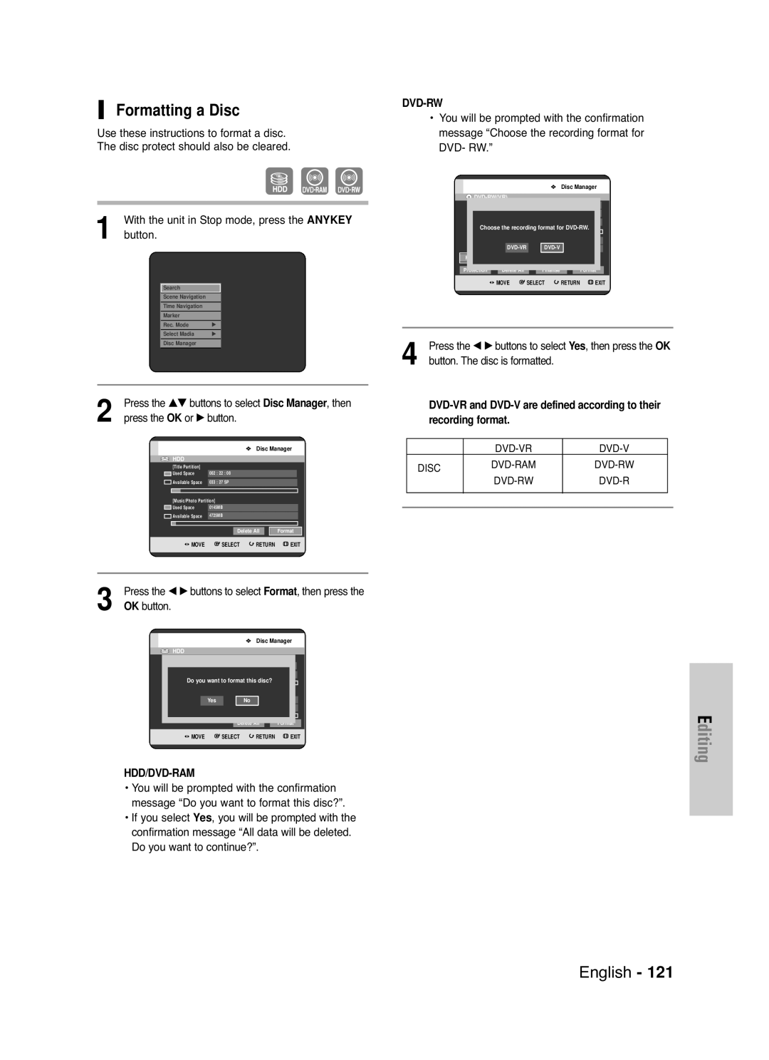 Samsung DVD-HR721/EUR manual Formatting a Disc, With the unit in Stop mode, press the Anykey, Button. The disc is formatted 