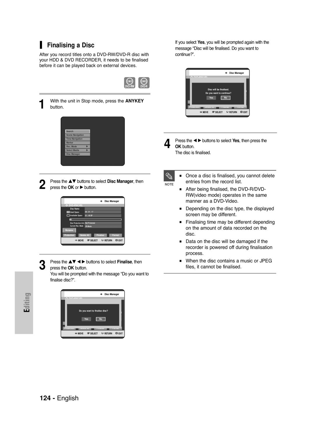 Samsung DVD-HR721/XEG manual Finalising a Disc, Once a disc is finalised, you cannot delete, Entries from the record list 