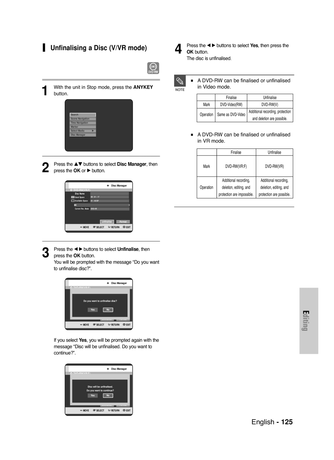 Samsung DVD-HR721/EUR, DVD-HR721/XEG manual Unfinalising a Disc V/VR mode, DVD-RW can be finalised or unfinalised Video mode 