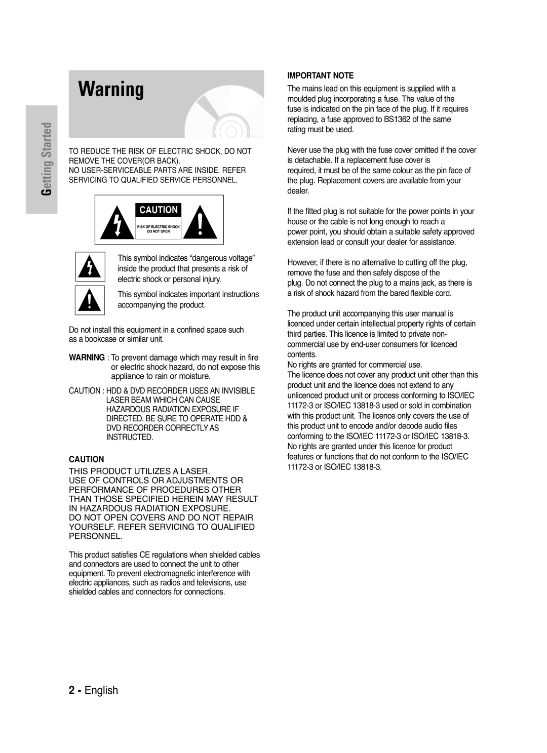 Samsung DVD-HR721/XEG, DVD-HR721/EUR manual Getting Started, No rights are granted for commercial use 