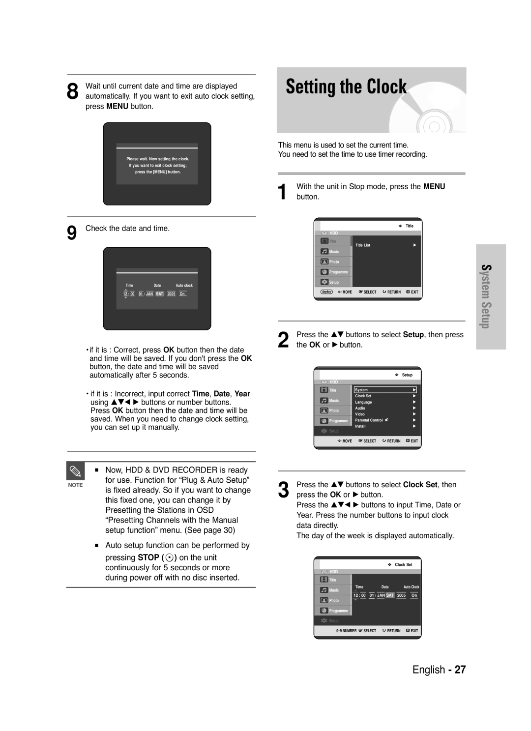 Samsung DVD-HR721/EUR Now, HDD & DVD Recorder is ready, Auto setup function can be performed by, 9Check the date and time 