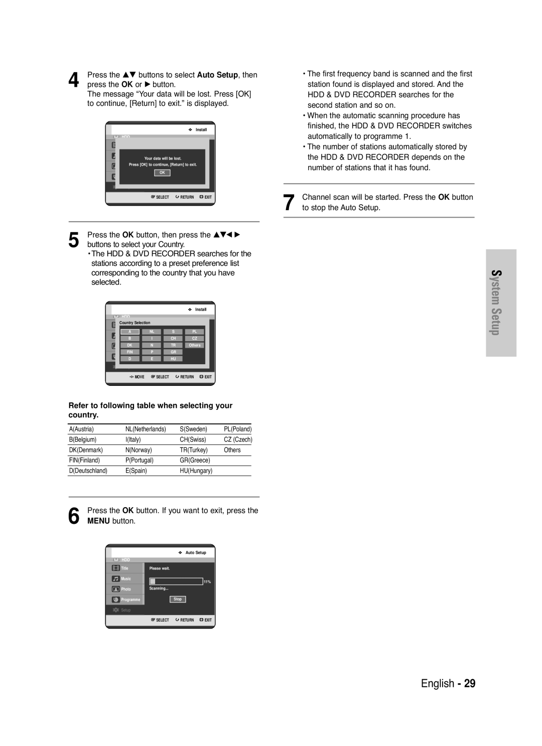 Samsung DVD-HR721/EUR Press the OK button, then press the …†œ √, Refer to following table when selecting your country 