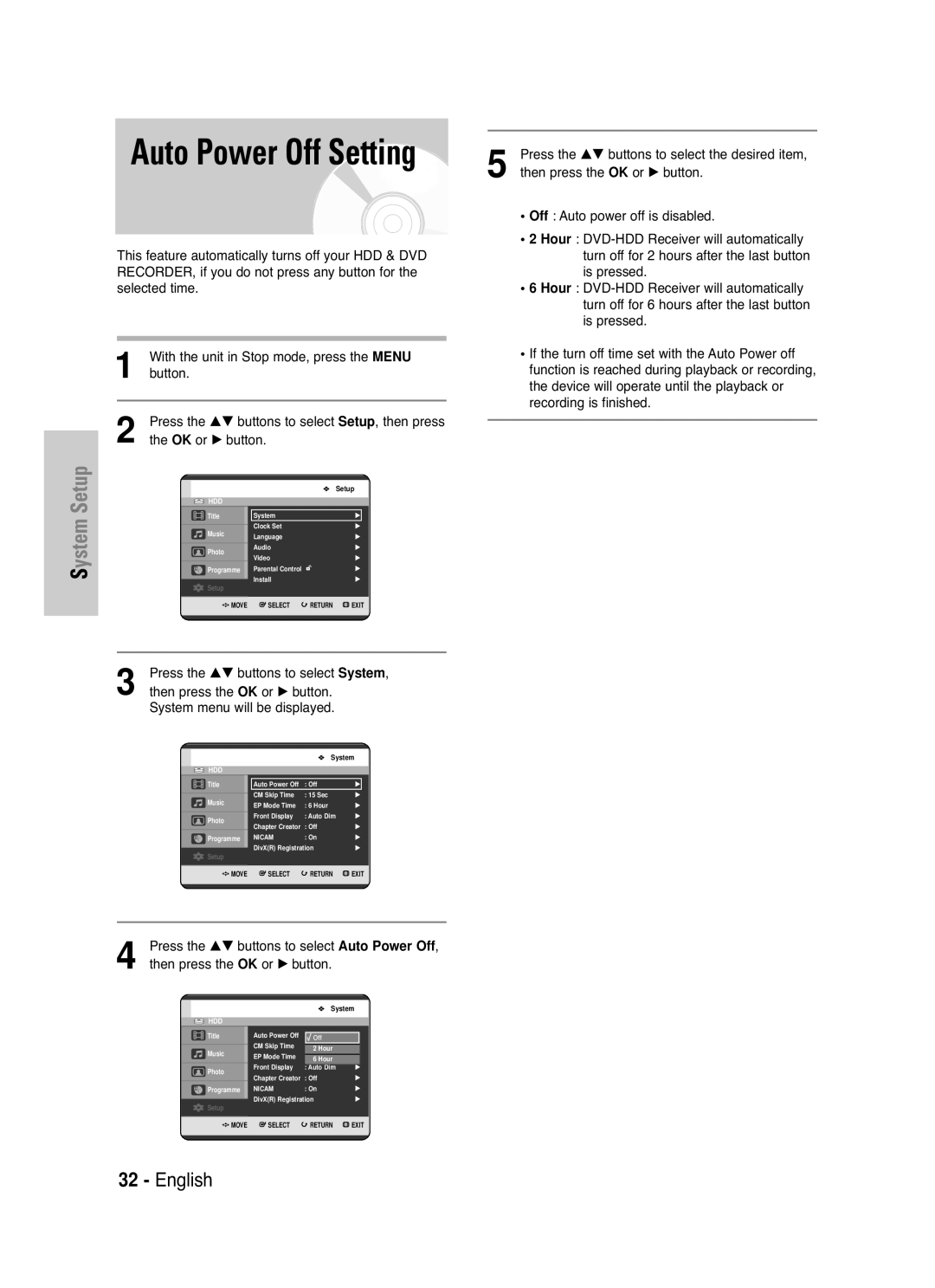 Samsung DVD-HR721/XEG, DVD-HR721/EUR manual Auto Power Off Setting 