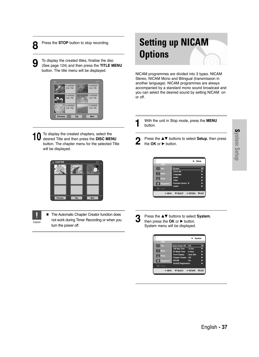 Samsung DVD-HR721/EUR, DVD-HR721/XEG manual Setting up Nicam Options, Press the Stop button to stop recording 