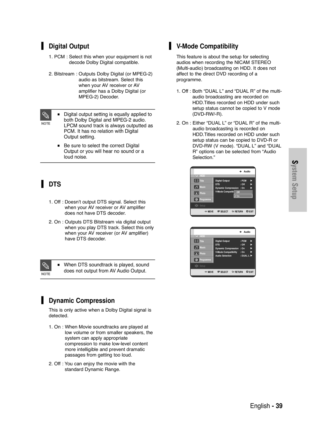 Samsung DVD-HR721/EUR manual Digital Output, Mode Compatibility, Dynamic Compression, PCM. It has no relation with Digital 