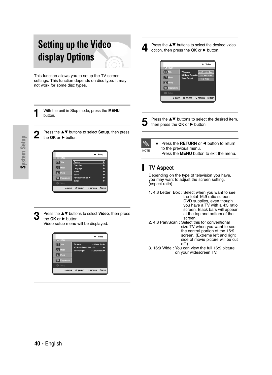 Samsung DVD-HR721/XEG, DVD-HR721/EUR manual TV Aspect, Or œ button to return, Press the Menu Button to exit the menu 