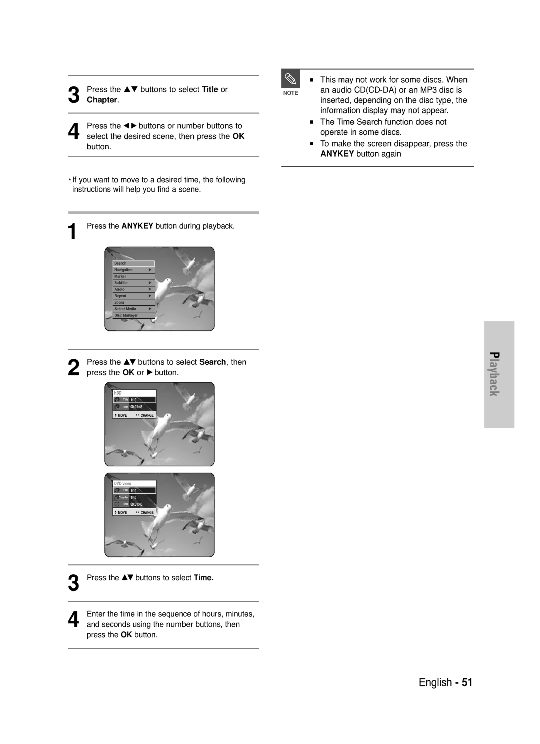 Samsung DVD-HR721/EUR manual An audio CDCD-DA or an MP3 disc is, Information display may not appear, Operate in some discs 