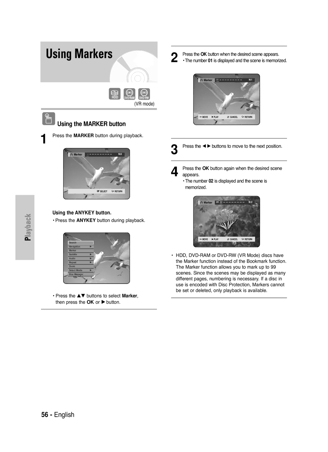 Samsung DVD-HR721/XEG, DVD-HR721/EUR manual Using Markers, Using the Marker button 