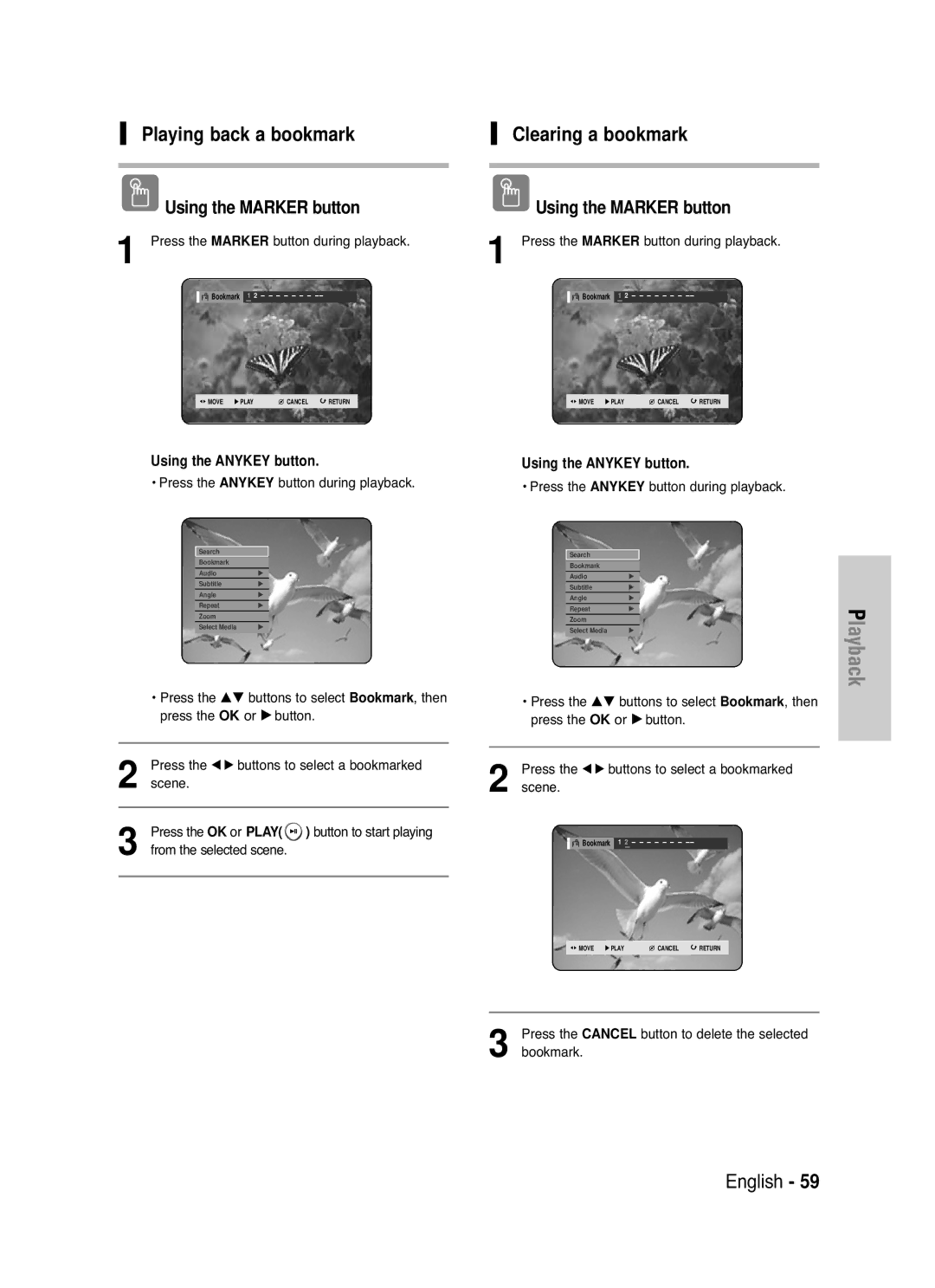 Samsung DVD-HR721/EUR, DVD-HR721/XEG manual From the selected scene, Press the Cancel Button to delete the selected Bookmark 