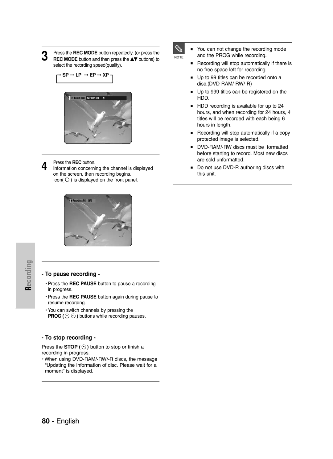 Samsung DVD-HR721/XEG, DVD-HR721/EUR manual To pause recording, To stop recording 