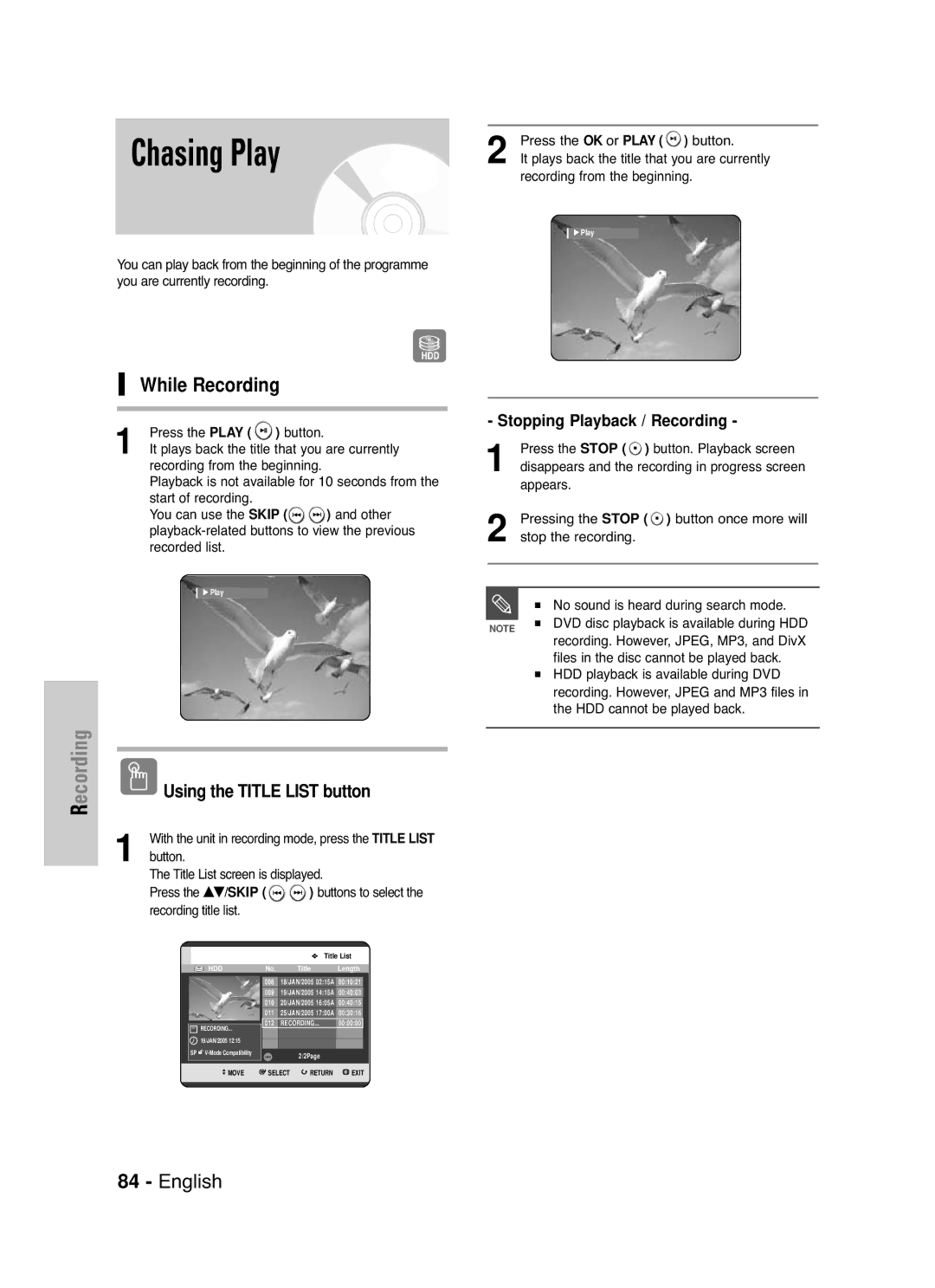 Samsung DVD-HR721/XEG, DVD-HR721/EUR Chasing Play, While Recording, Stopping Playback / Recording, Recording title list 