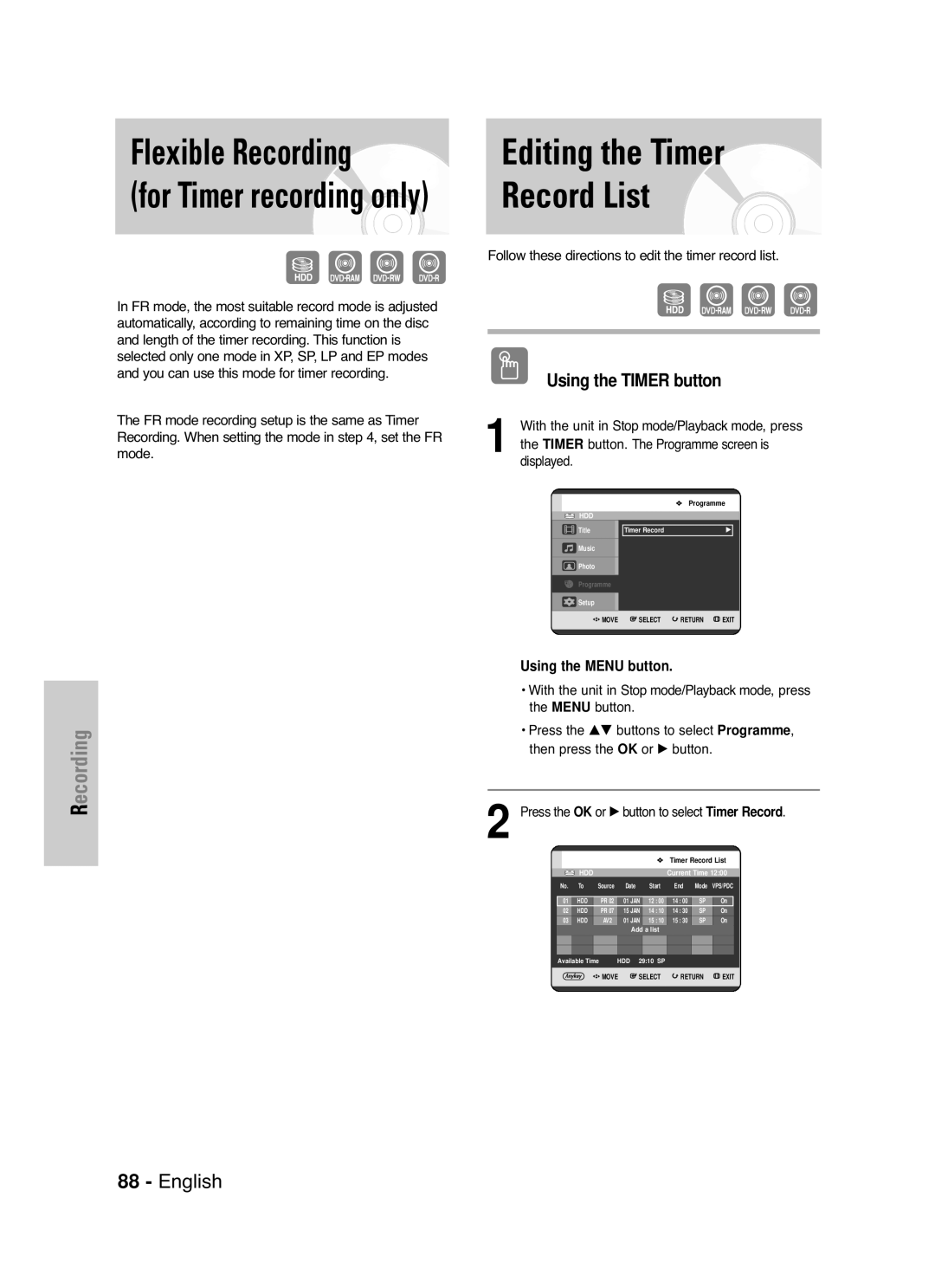 Samsung DVD-HR721/XEG, DVD-HR721/EUR manual Flexible Recording, Editing the Timer Record List, Menu Button 