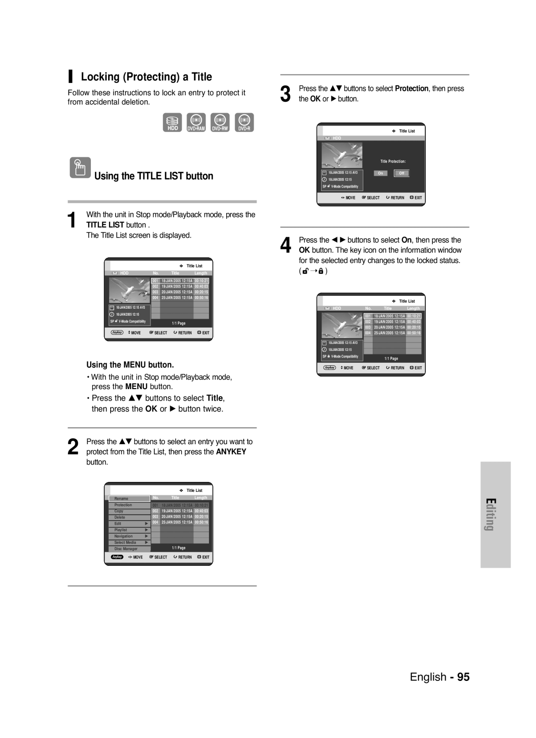 Samsung DVD-HR721/EUR manual Locking Protecting a Title, Then press, For the selected entry changes to the locked status 