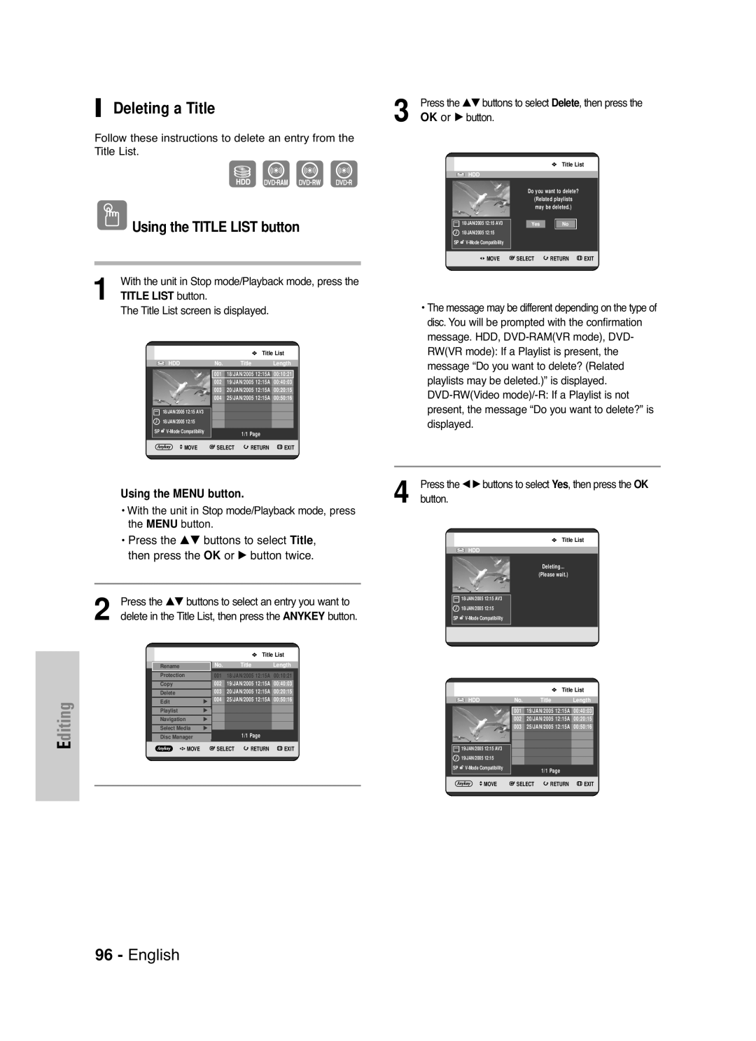 Samsung DVD-HR721/XEG, DVD-HR721/EUR manual Deleting a Title, Then press the OK Or √ button twice 