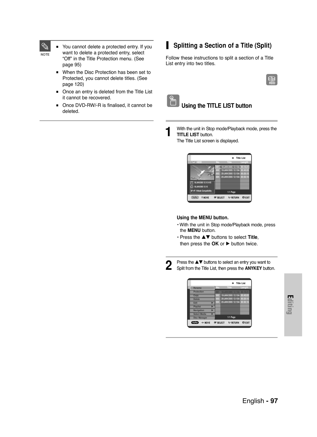 Samsung DVD-HR721/EUR, DVD-HR721/XEG manual Splitting a Section of a Title Split, Want to delete a protected entry, select 