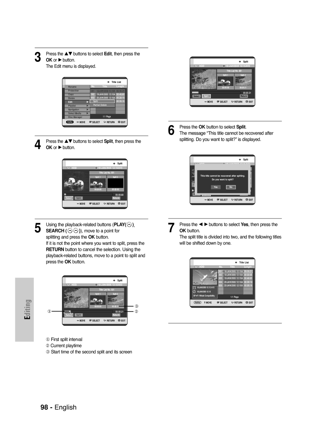 Samsung DVD-HR721/XEG, DVD-HR721/EUR manual Button to select Split, Message This title cannot be recovered after, OK button 