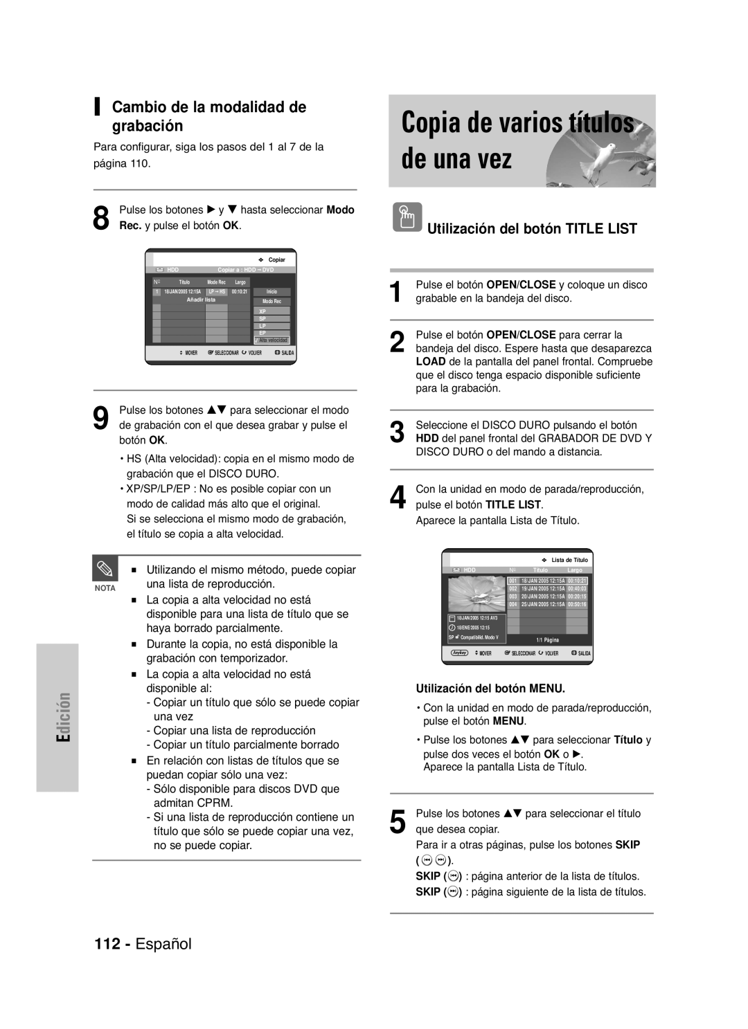 Samsung DVD-HR721/XEG Una lista de reproducción, La copia a alta velocidad no está, Haya borrado parcialmente, Una vez 