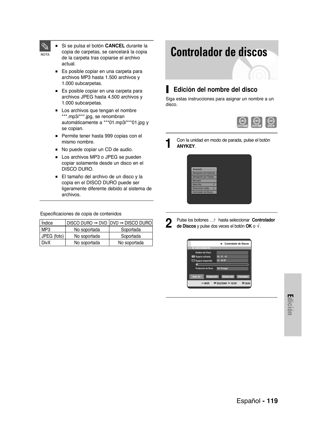 Samsung DVD-HR721/XEB, DVD-HR721/XEG, DVD-HR721/XEF, DVD-HR721/XET manual Controlador de discos, Edición del nombre del disco 