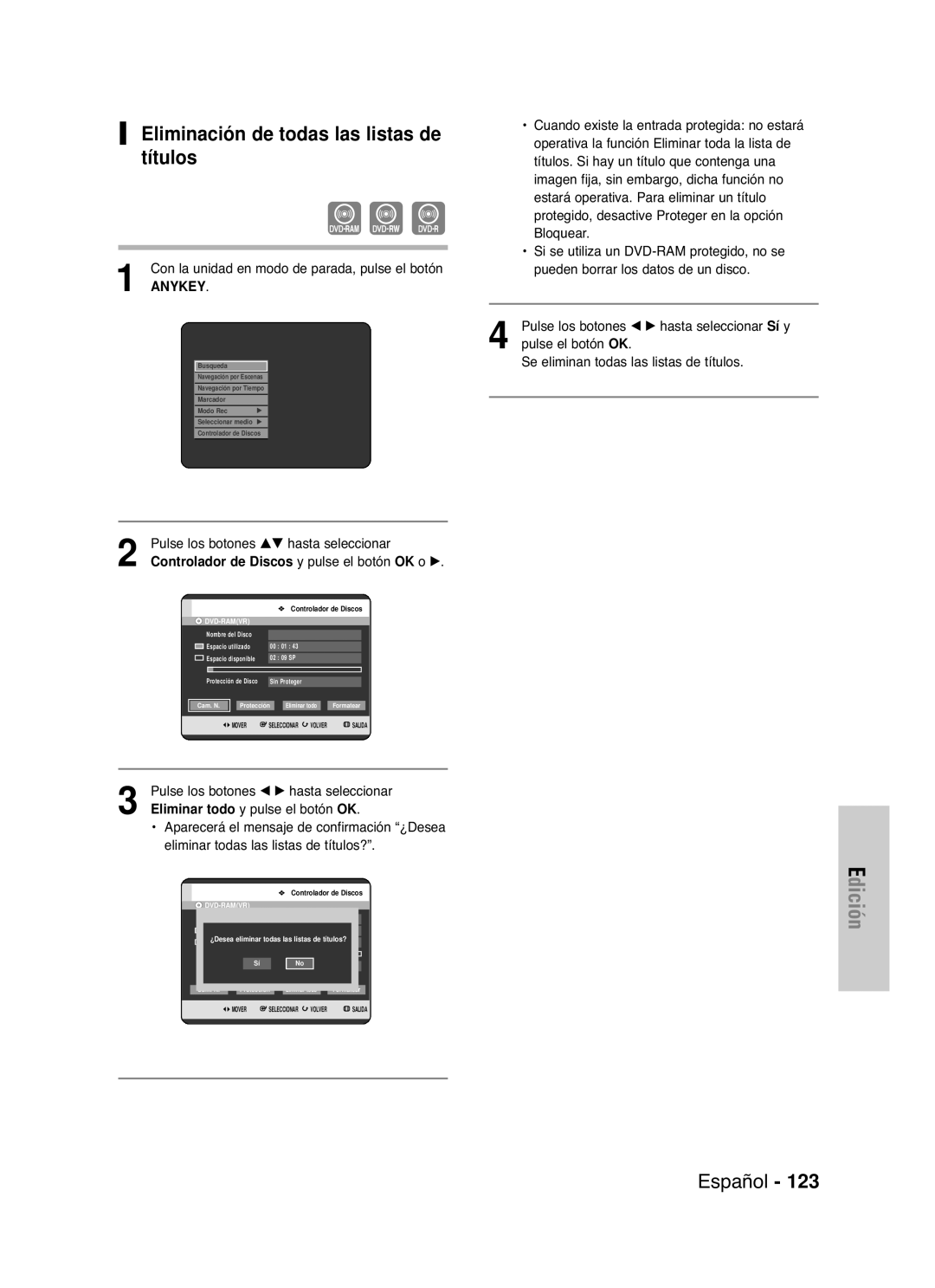 Samsung DVD-HR721/EUR, DVD-HR721/XEG, DVD-HR721/XEF, DVD-HR721/XET Eliminación de todas las listas de títulos, Eliminar todo 