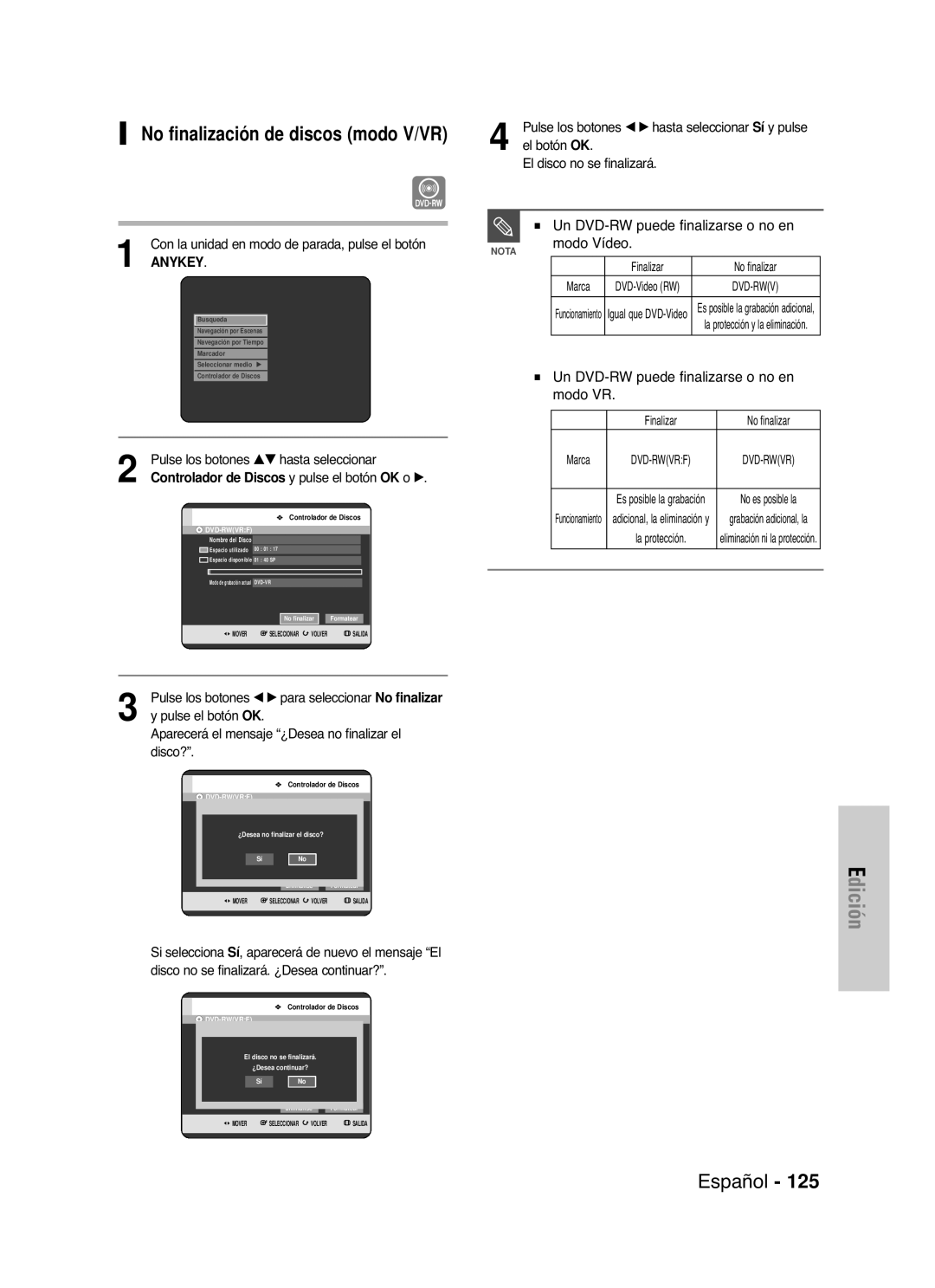 Samsung DVD-HR721/XEN, DVD-HR721/XEG No finalización de discos modo V/VR, Un DVD-RW puede finalizarse o no en, Modo Vídeo 