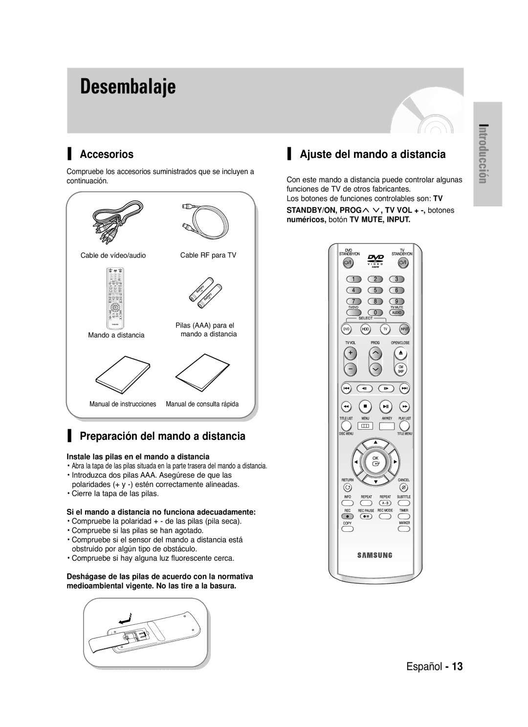 Samsung DVD-HR721/XEN, DVD-HR721/XEG manual Accesorios, Preparación del mando a distancia, Ajuste del mando a distancia 