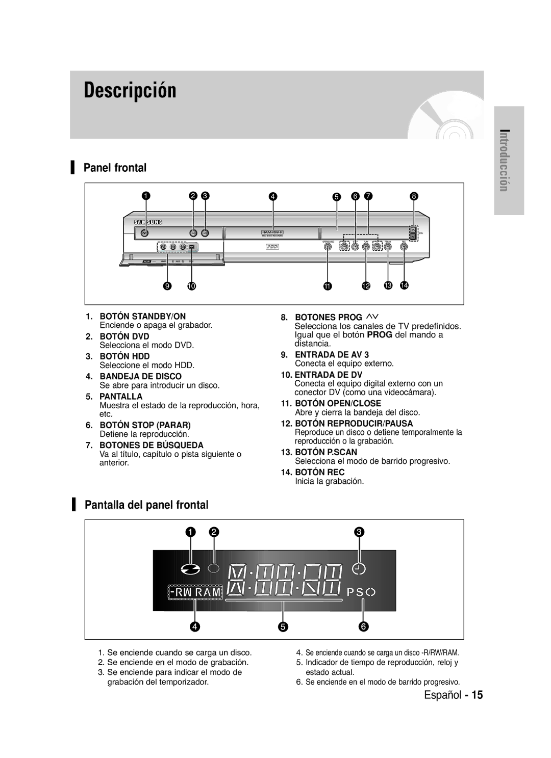 Samsung DVD-HR721/XEB, DVD-HR721/XEG, DVD-HR721/XEF, DVD-HR721/XET, DVD-HR721/EUR Panel frontal, Pantalla del panel frontal 