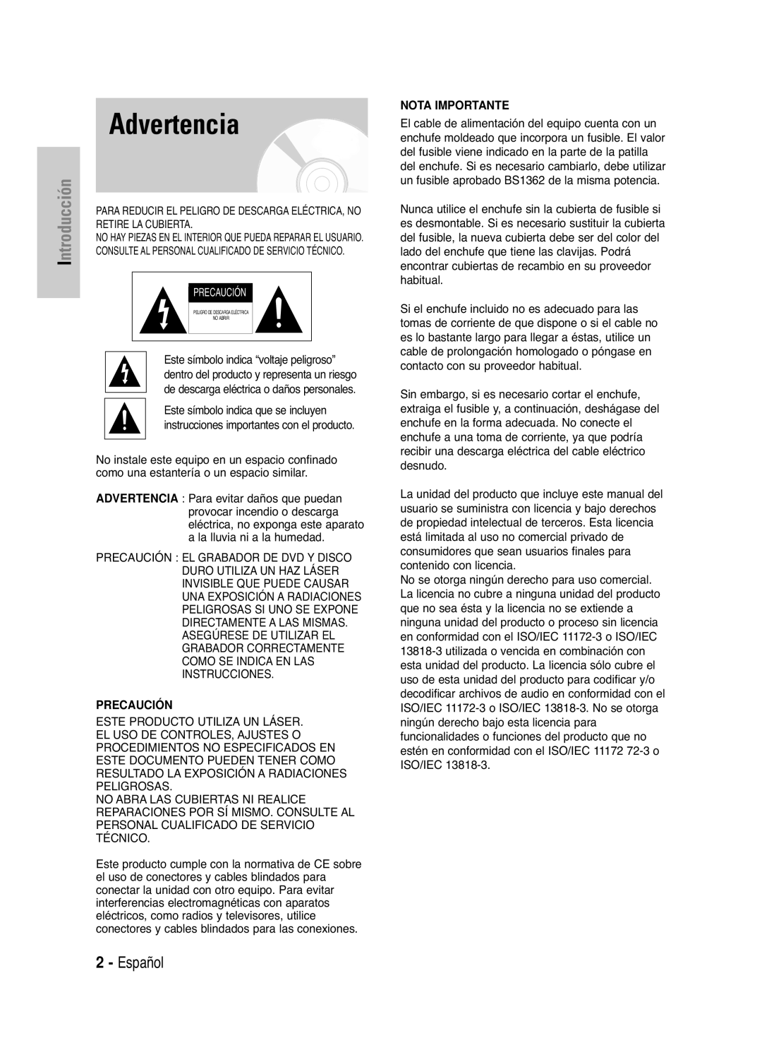 Samsung DVD-HR721/XET Advertencia, Para evitar daños que puedan, Provocar incendio o descarga, La lluvia ni a la humedad 