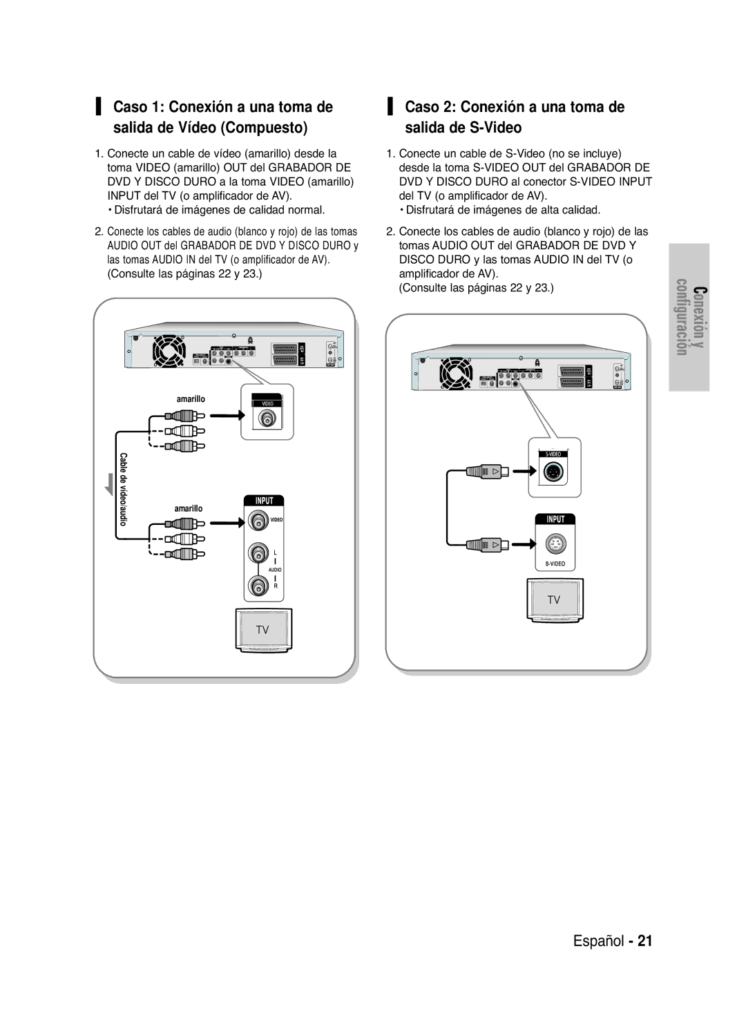 Samsung DVD-HR721/XEN, DVD-HR721/XEG manual Consulte las páginas 22 y, Caso 2 Conexión a una toma de salida de S-Video 