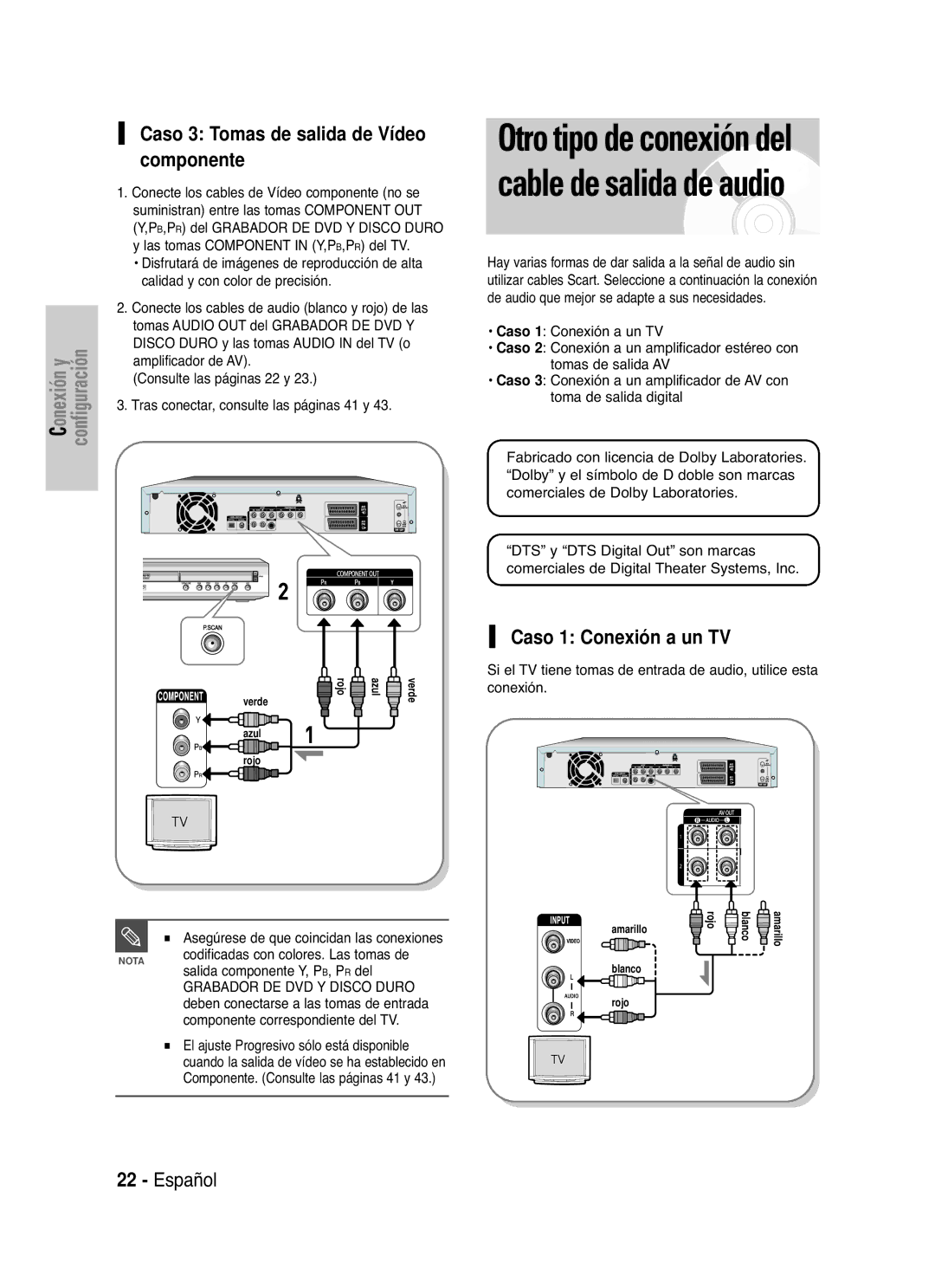 Samsung DVD-HR721/XEC manual Caso 1 Conexión a un TV, Caso 3 Tomas de salida de Vídeo componente, Amplificador de AV 