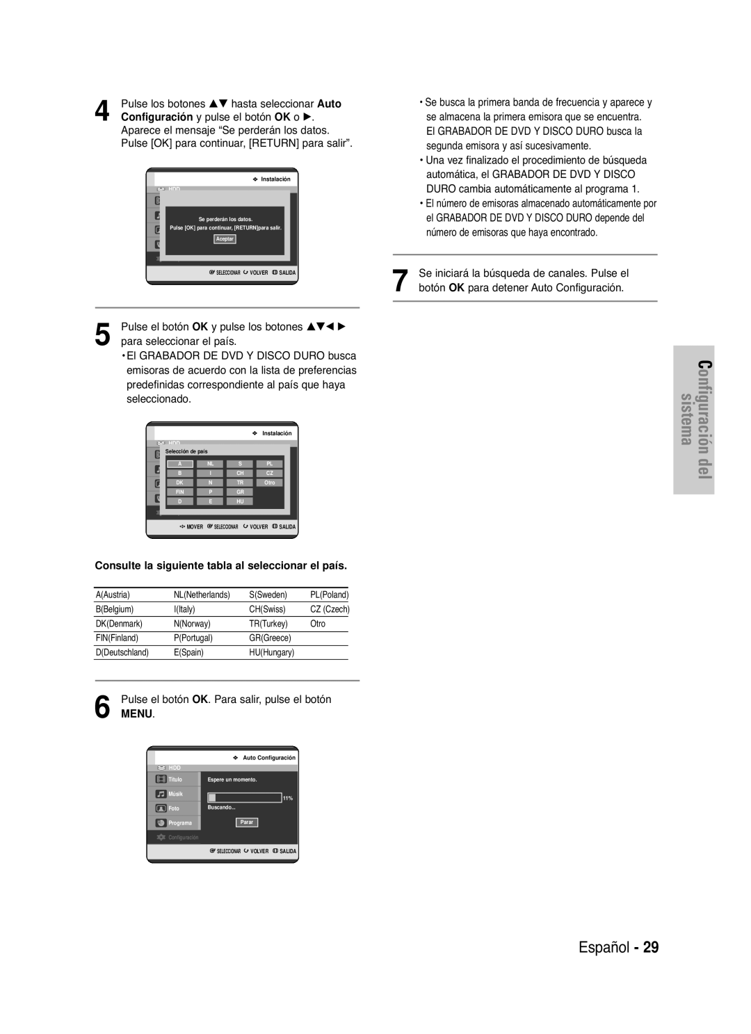 Samsung DVD-HR721/XEN, DVD-HR721/XEG, DVD-HR721/XEF manual Configuración, Consulte la siguiente tabla al seleccionar el país 