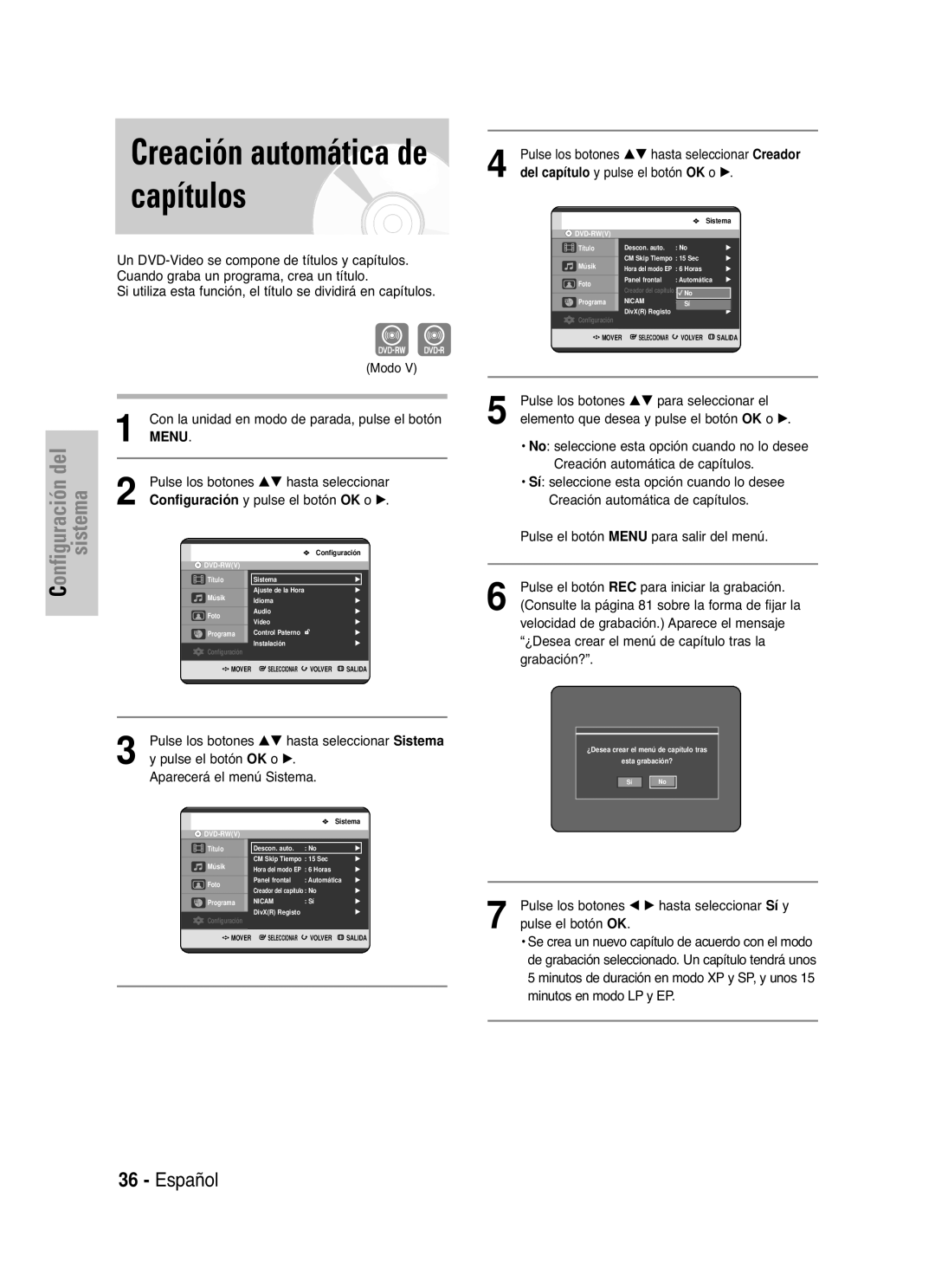 Samsung DVD-HR721/XEO, DVD-HR721/XEG, DVD-HR721/XEF, DVD-HR721/XET, DVD-HR721/EUR manual Creación automática de capítulos 