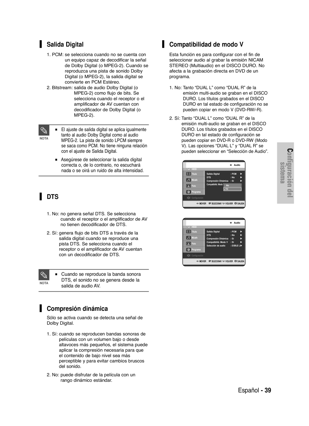 Samsung DVD-HR721/XEB, DVD-HR721/XEG, DVD-HR721/XEF manual Salida Digital, Compatibilidad de modo, Compresión dinámica 