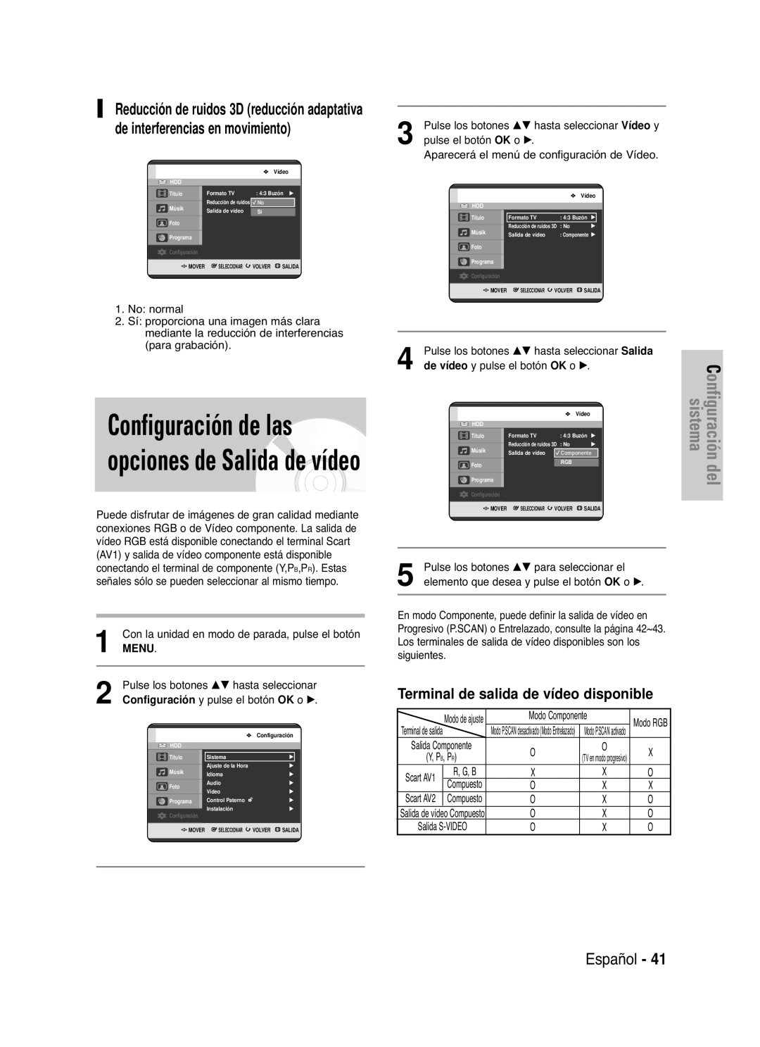 Samsung DVD-HR721/XEF, DVD-HR721/XEG Terminal de salida de vídeo disponible, Pulse los botones …† hasta seleccionar Salida 