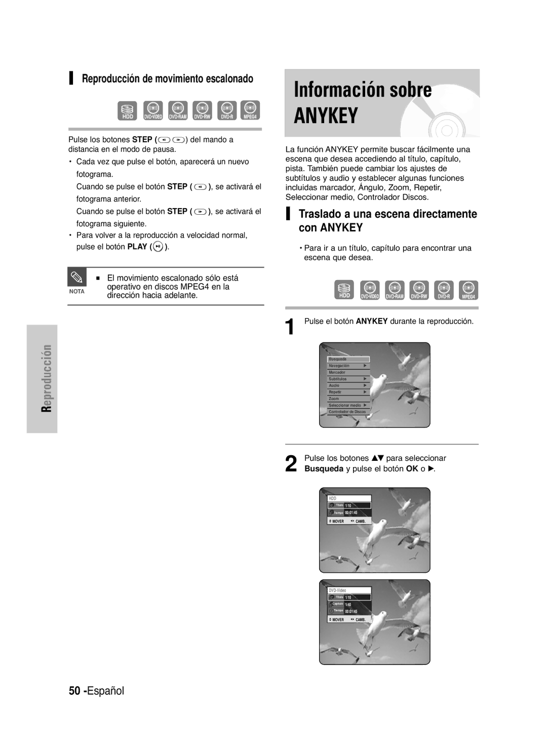 Samsung DVD-HR721/XET Reproducción de movimiento escalonado, Operativo en discos MPEG4 en la, Dirección hacia adelante 